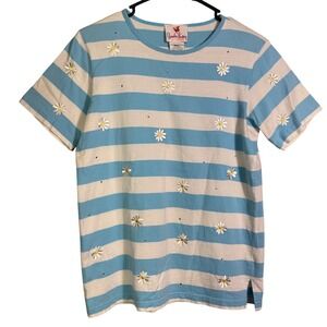 Vintage Quacker Factory Daisy Embroidered Sky Blue Striped Tee Small Cottagecore